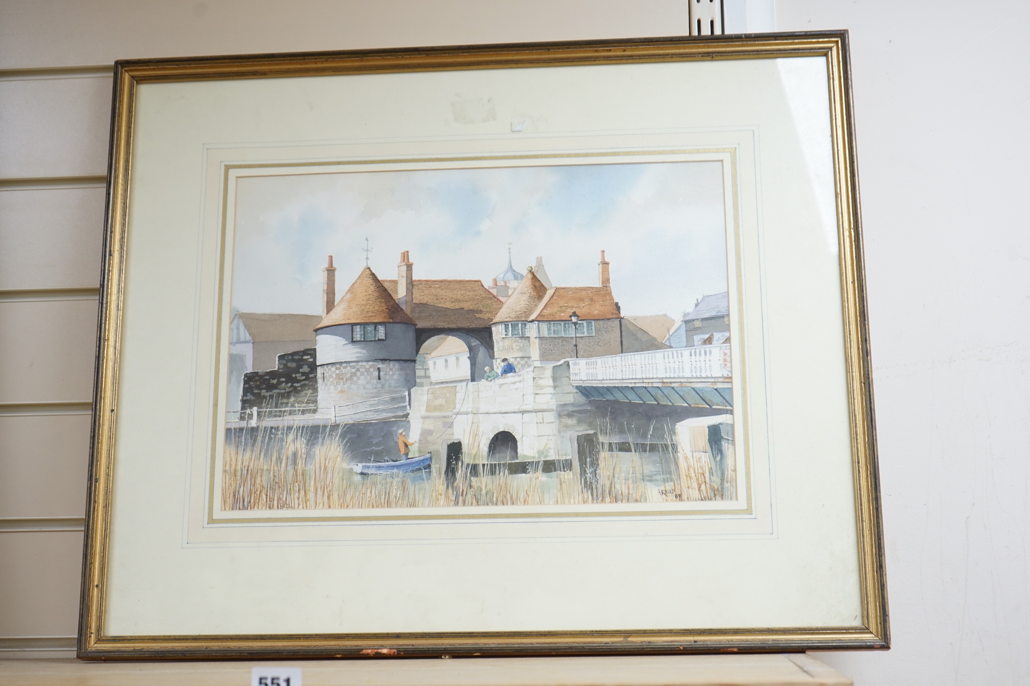 Robert Purvis Flint (1883-1947), watercolour, Hillside sketch, signed, 24 x 36cm and a watercolour of figures beside a bridge, signed Arnold, 29 x 41cm